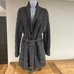 LANDS END Sz L Gray Chunky Cable Knit 95% Wool 5% Nylon Cardigan Belt Fisherman